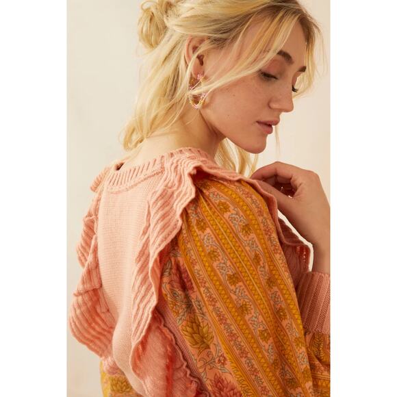 NWT Boutique Boho Peach Ruffled Mixed Media Sweater by Bohera - Picture 4 of 6